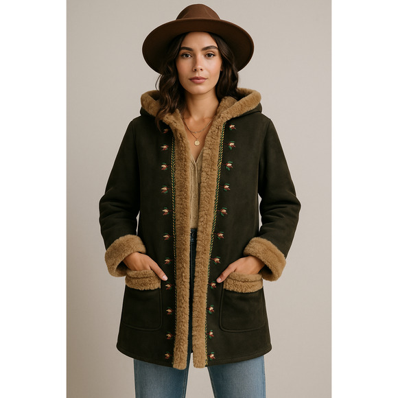 Vintage Shearling Hooded Coat Embroidered Tulips 70s Boho Suede Sherpa Jacket L - Picture 1 of 5